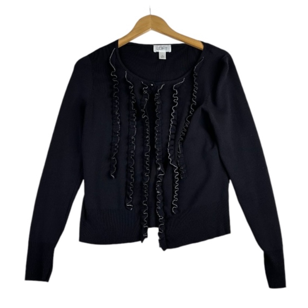LOFT Ann Taylor Black Tan Trim Cardigan Sweater Ruffle Size Medium